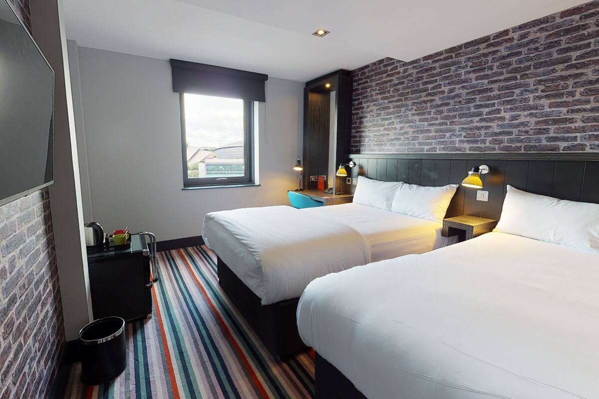 family room, 2 double beds | desk, laptop workspace, blackout curtains, iron/ironing board