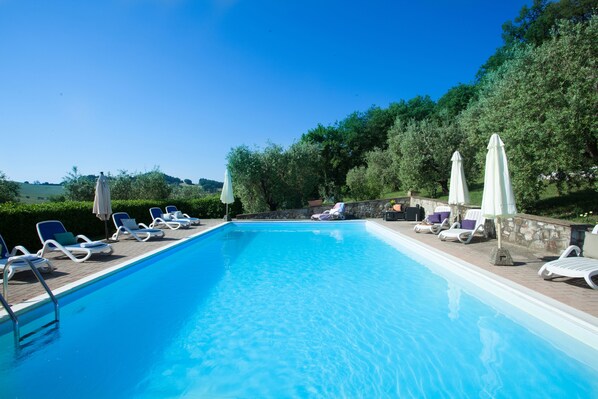 Outdoor pool, open 7:30 AM to 8:00 PM, pool umbrellas, pool loungers