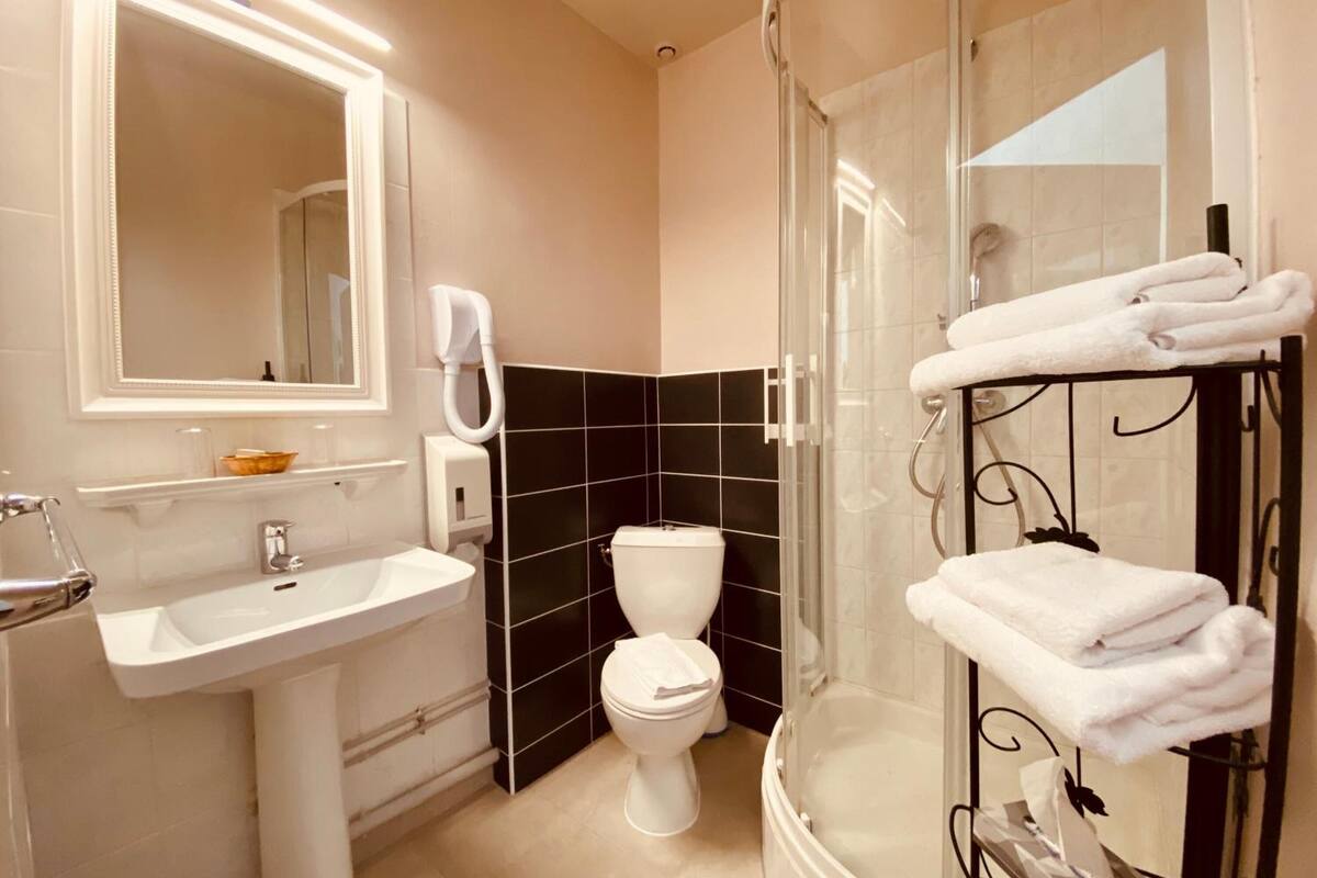 free toiletries, hair dryer, towels