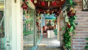 A corridor with a brick wall on one side and a glass door on the other, decorated with festive garlands and ornaments. - Casa Grande Apart Hotel (Formosa)