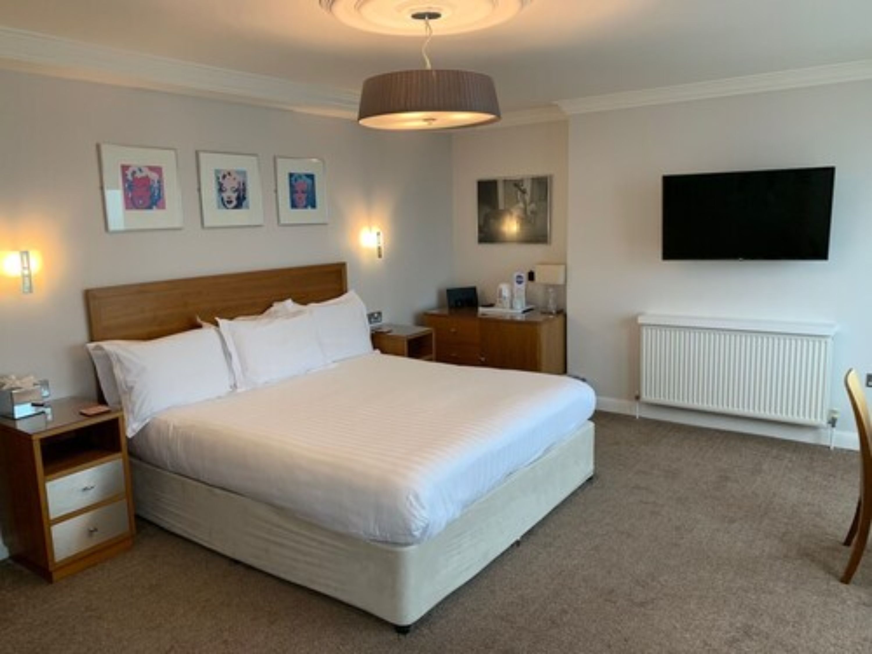 A bedroom with a large bed, bedside tables, a TV, and artwork on the wall.