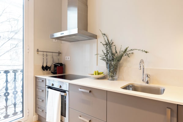 Una cocina moderna con un lavamanos de acero inoxidable, horno empotrado y campana extractora. Se ve una ventana con vistas a árboles desnudos, y una planta en maceta sobre la encimera.