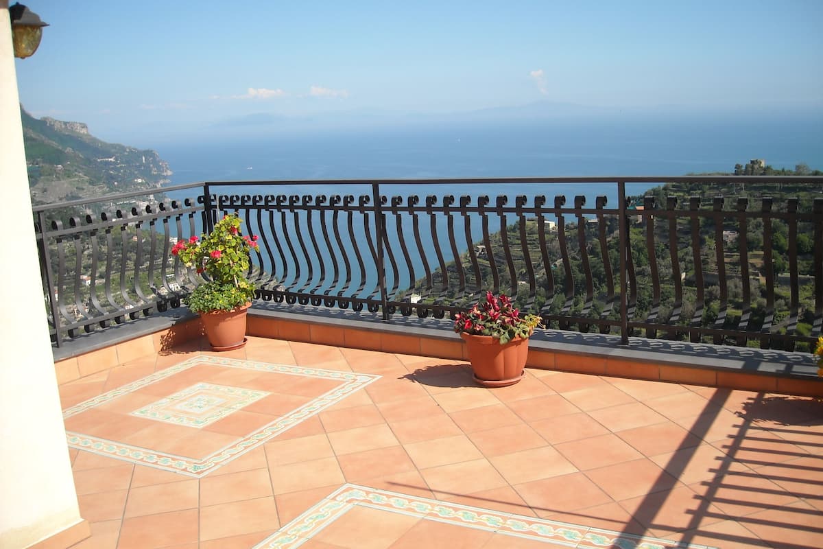 A balcony with terracotta tiles, two potted plants with red flowers, and a view of the sea and distant hills.
