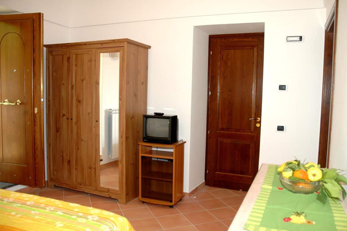 A room with wooden wardrobes, a small TV on a stand, and a fruit bowl on a table.