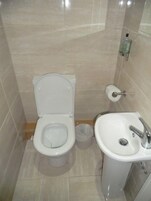 Un baño con inodoro, lavamanos y un dispensador de papel higiénico.