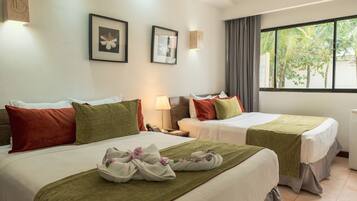Double Room, 2 Queen Beds, Pool View | Premium bedding, desk, soundproofing, iron/ironing board