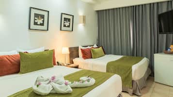 Double Room, 2 Queen Beds, Pool View | Premium bedding, desk, soundproofing, iron/ironing board
