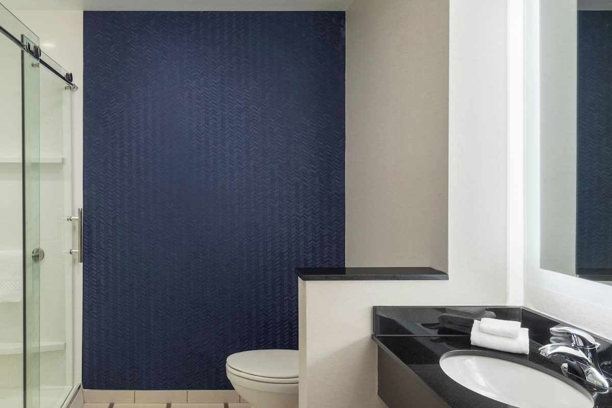 shower, hydromassage showerhead, free toiletries, hair dryer