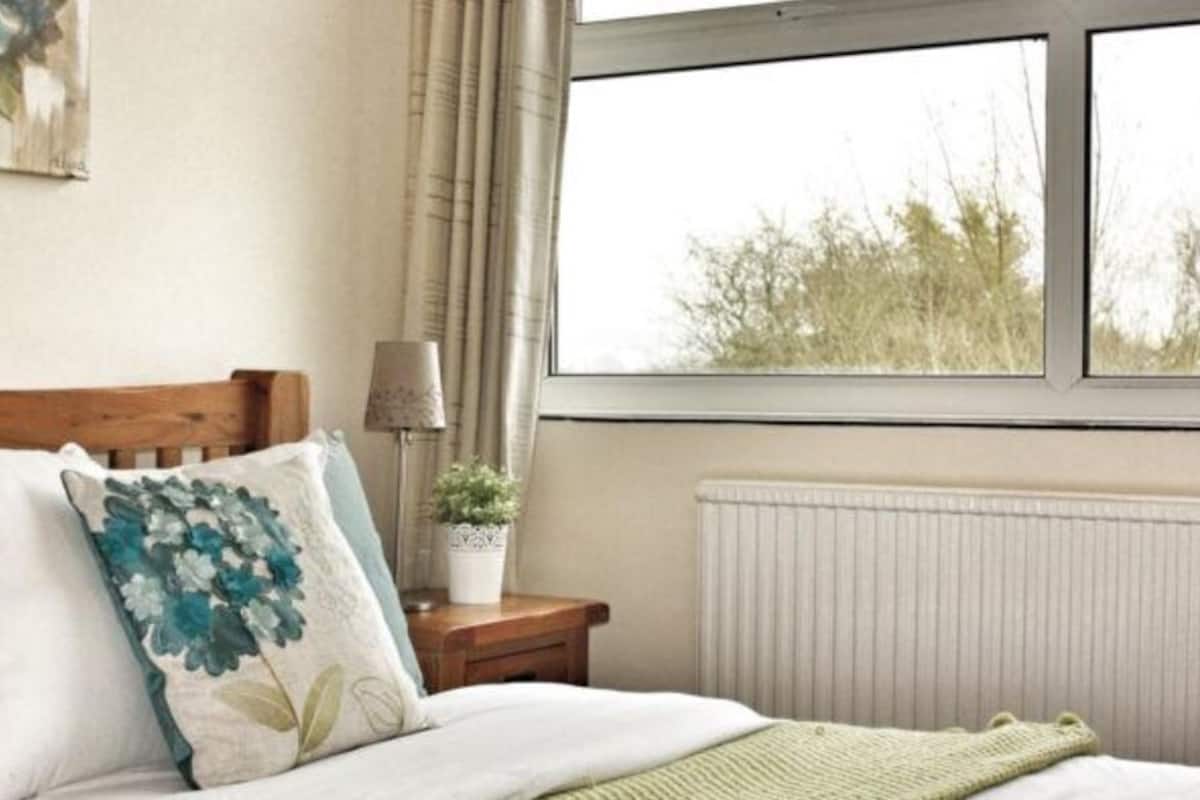 A bedroom with a wooden headboard, a bedside table with a lamp, a potted plant, and a view of trees through a window.