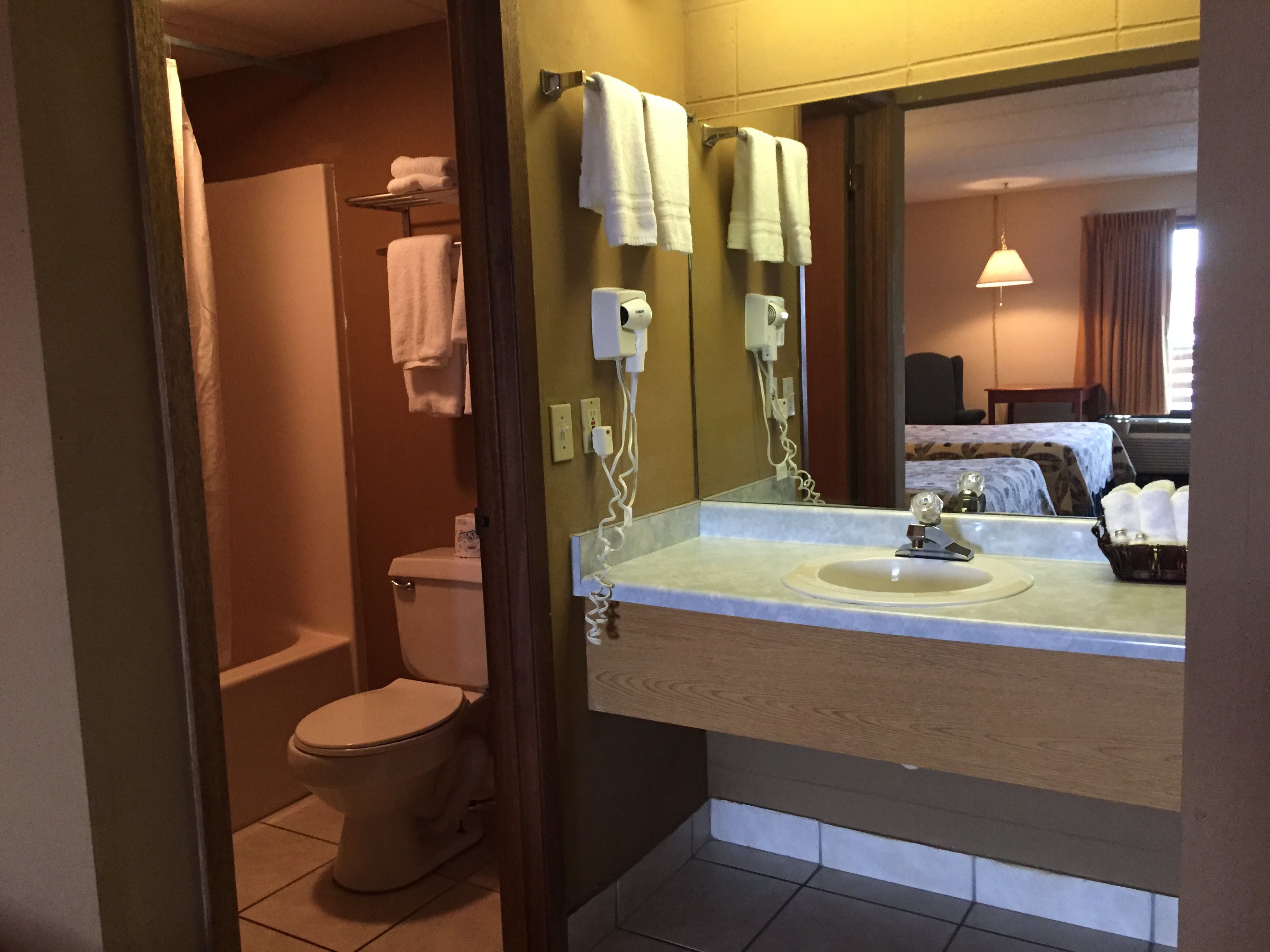 combined shower/bathtub, free toiletries, hair dryer, towels