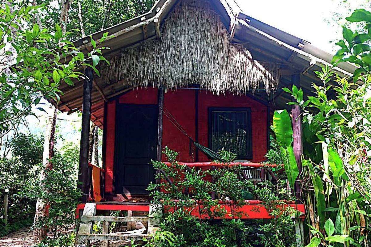 Une maison traditionnelle à toit de chaume, entourée d’une végétation luxuriante, avec un petit escalier en bois menant à l’entrée.