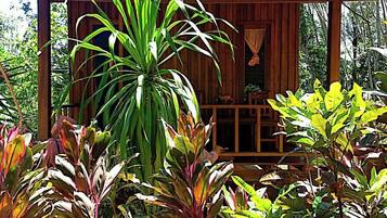 A wooden structure with a covered porch surrounded by various tropical plants.