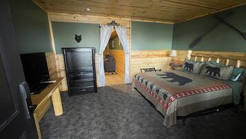 Un dormitorio con cama, escritorio, televisor y armario.
