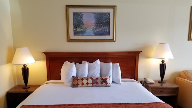 A hotel room with a large bed, two bedside lamps, a painting on the wall, and a red patterned bedspread. - Sun Inn & Suites (Kissimmee)