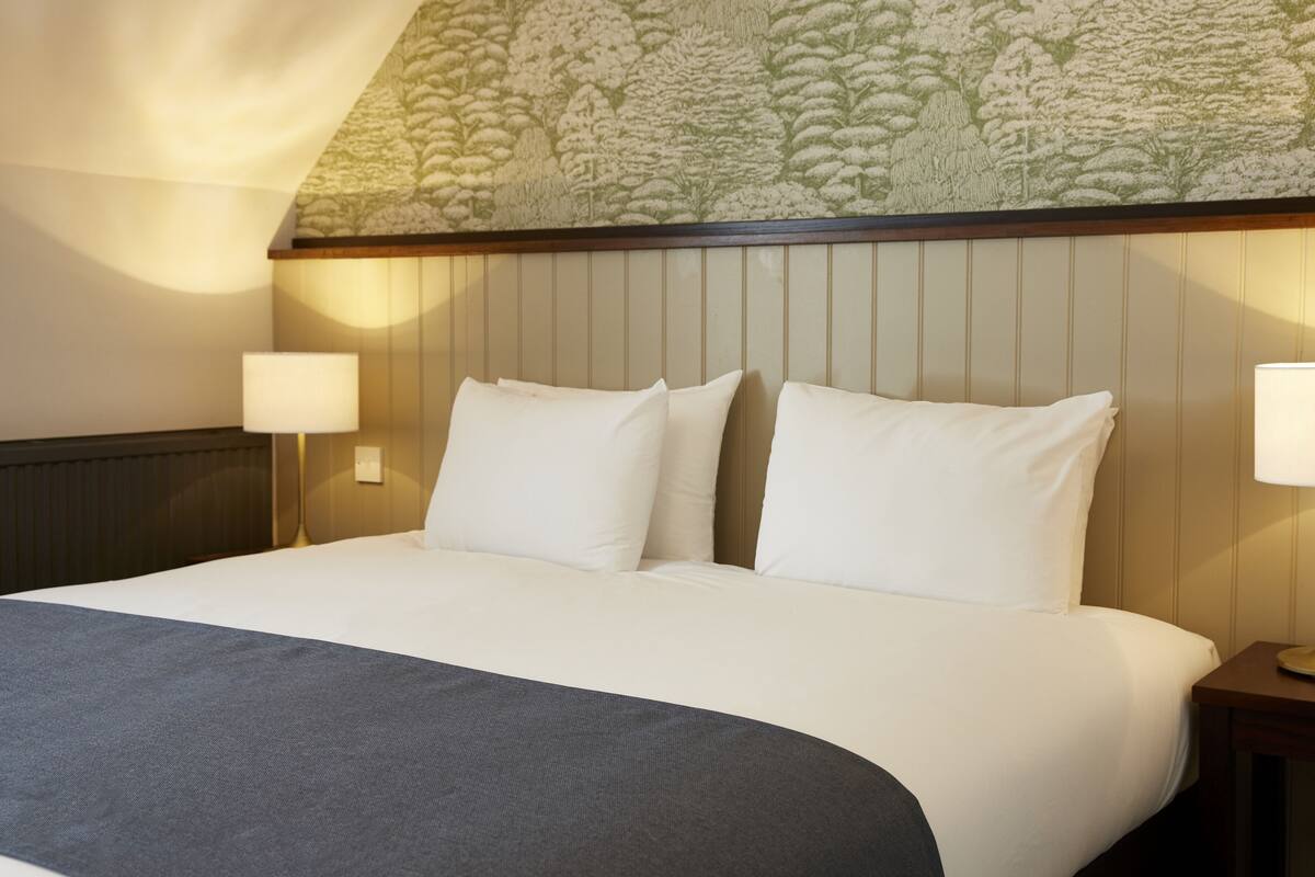 A hotel room with a large bed, two bedside lamps, and a patterned wallpaper on the ceiling.