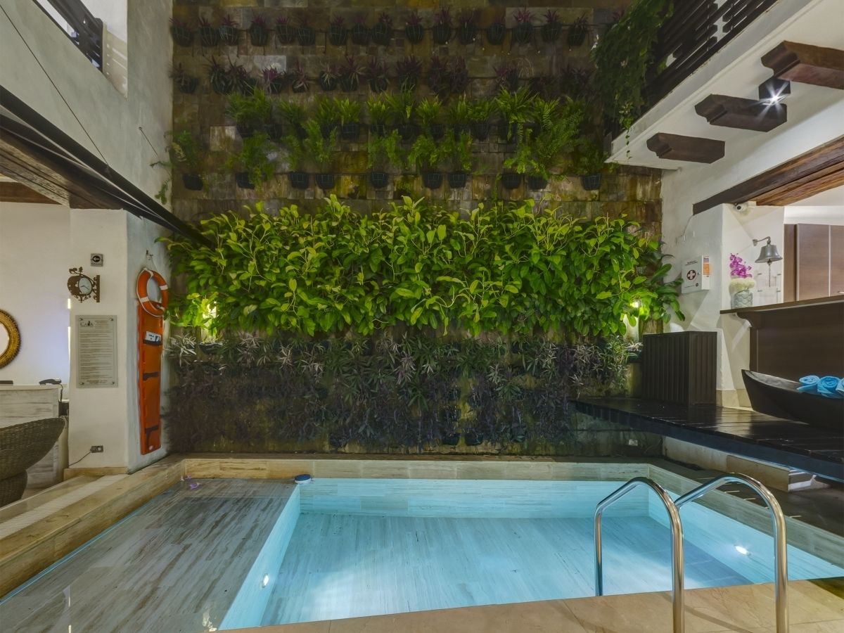 Piscina interior con barrera de cristal, rodeada por una pared de plantas verdes.
