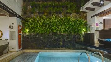 Piscina interior con barrera de cristal, rodeada por una pared de plantas verdes.