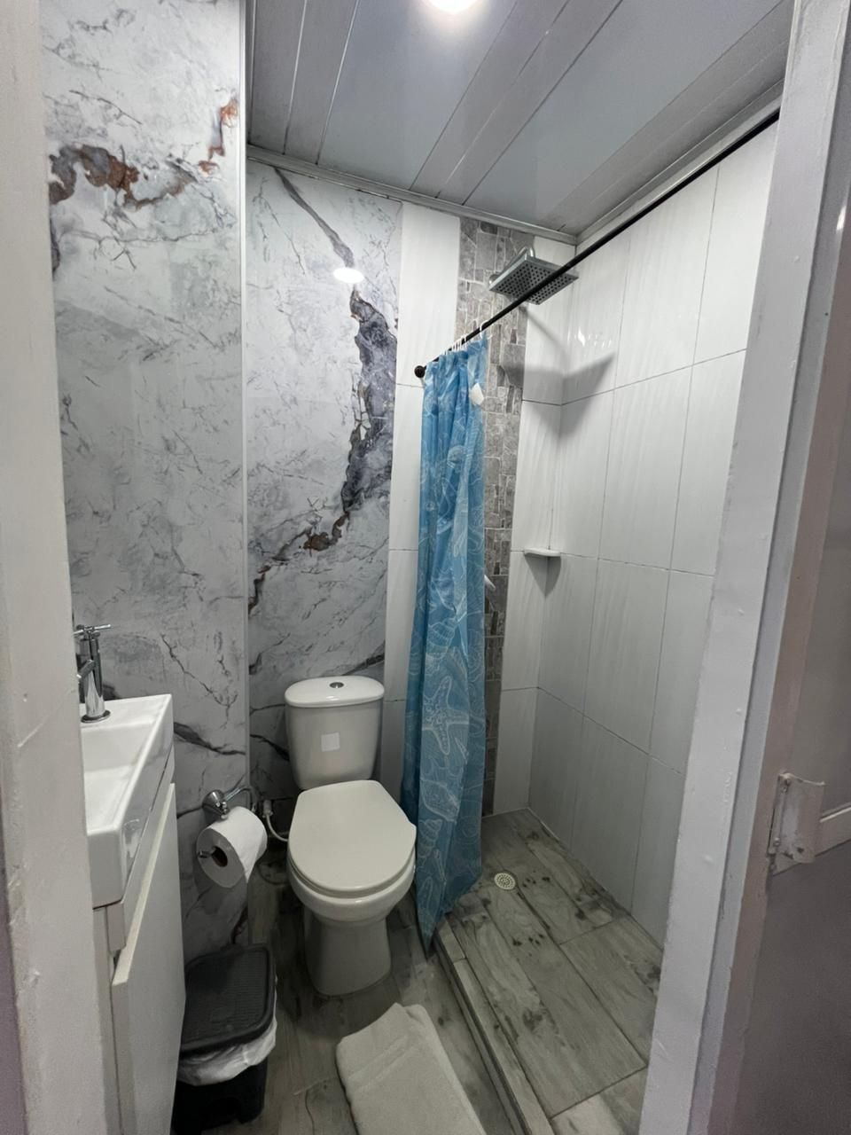 Un baño pequeño y funcional con inodoro, lavamanos y zona de ducha.