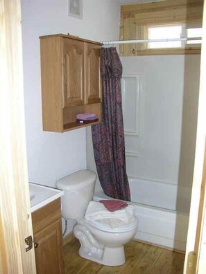 Een badkamer met toilet, houten kastje en douchegordijn.