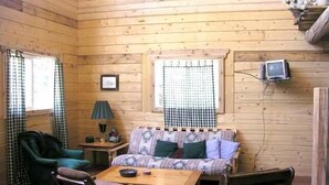 Interior acogedor de una cabaña con un sofá, sillas, una mesita y un televisor colgado en la pared.