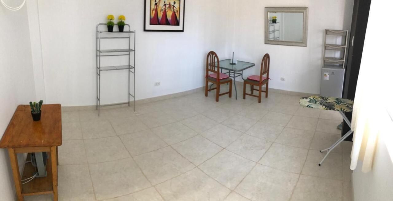 A room with a tiled floor, a wooden table with a potted plant, a metal shelf with potted plants, a glass table with two chairs, a mirror, and a small refrigerator.