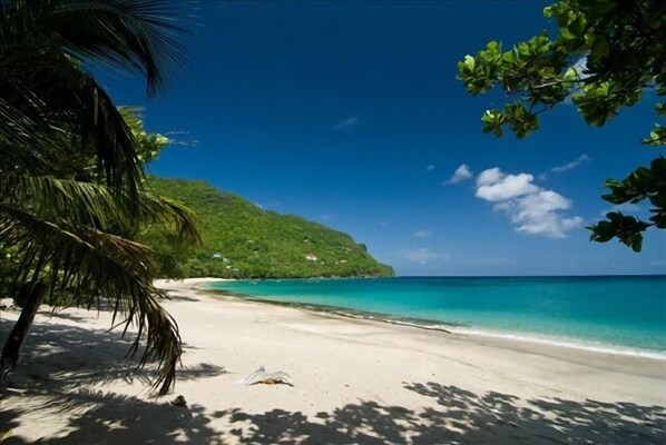 On the beach, sun-loungers, beach bar