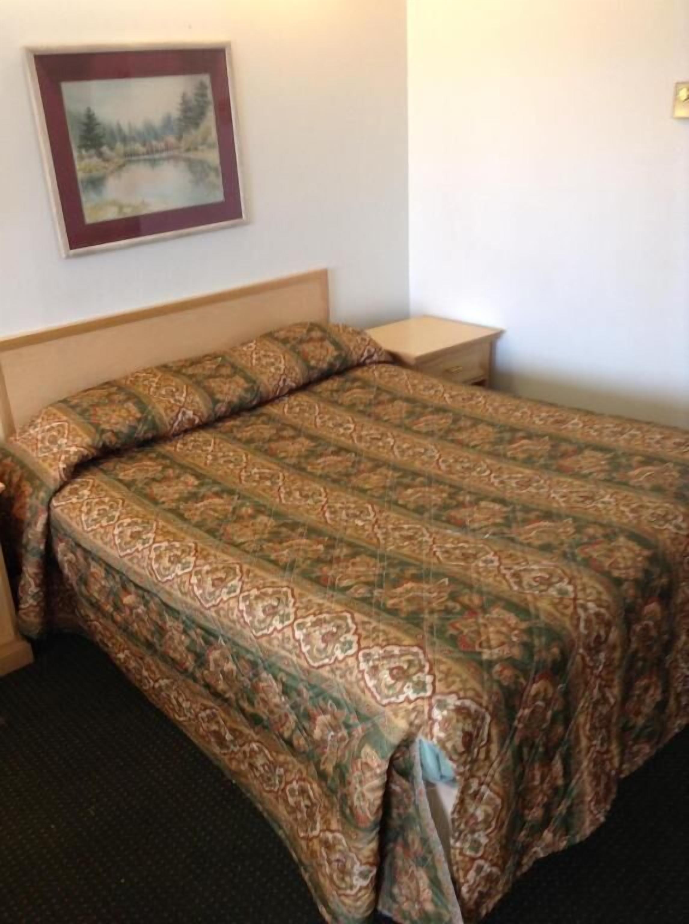 A single bed with a patterned bedspread and pillows, a nightstand, and a framed picture on the wall.