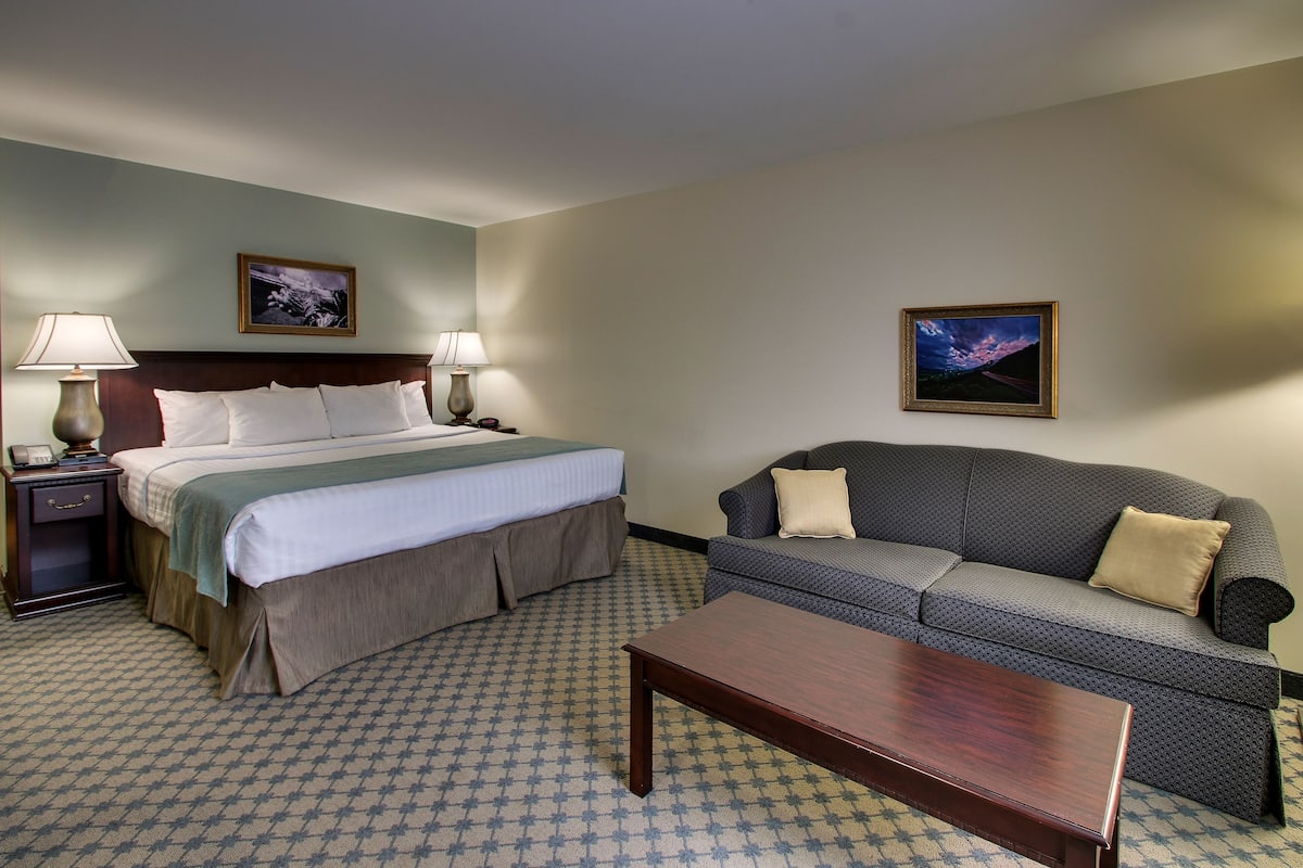 A hotel room with a bed, a sofa, a coffee table, and two lamps.