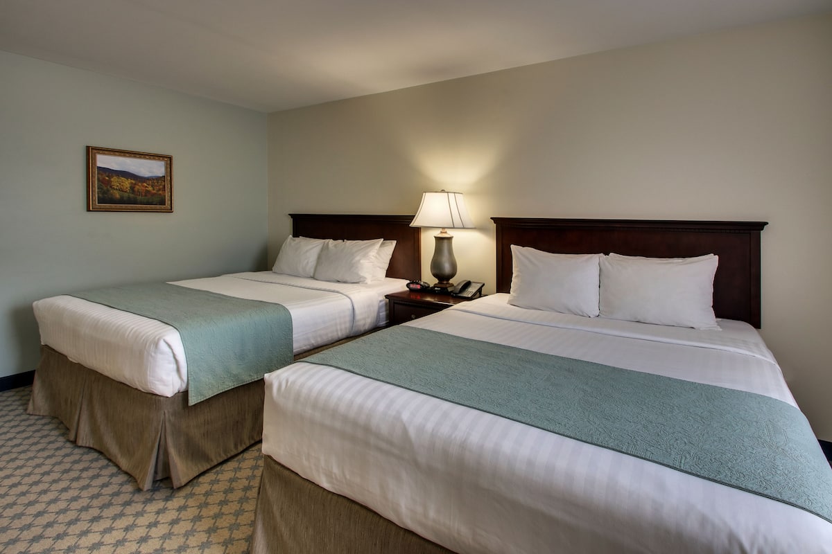 A hotel room with two beds, each with a wooden headboard, white bedding, and a green throw blanket. There is a nightstand with a lamp between the beds, and a framed picture on the wall.