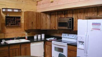 Traditional Cabin, 2 Bedrooms, 2 Bathrooms, Mountain View (River Access) | Private kitchen | Fridge, microwave, dishwasher, coffee/tea maker