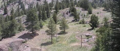 A mountainous landscape with a wooden bridge over a rocky stream.