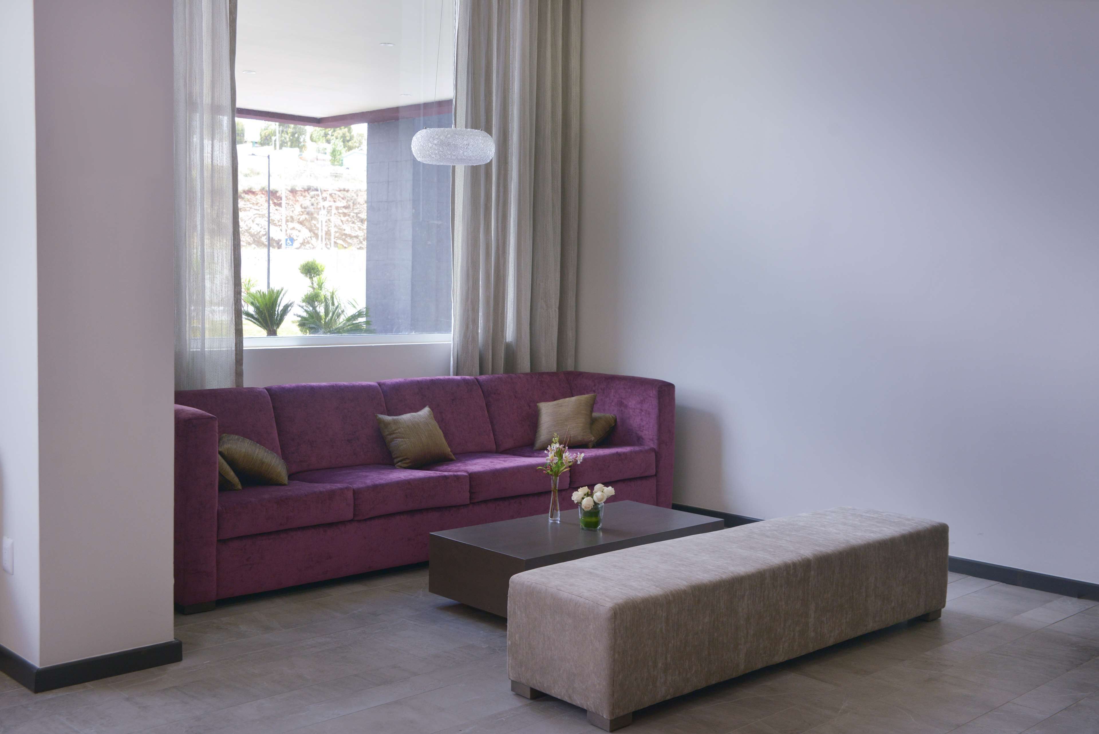A modern living room with a purple sofa, a beige ottoman, and a coffee table with a vase of flowers.