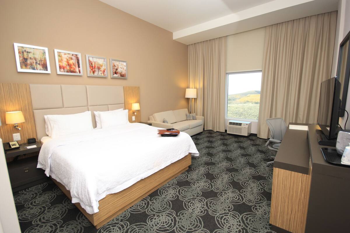 Una habitación de hotel con una cama grande, un escritorio, una silla, un sofá y un televisor.