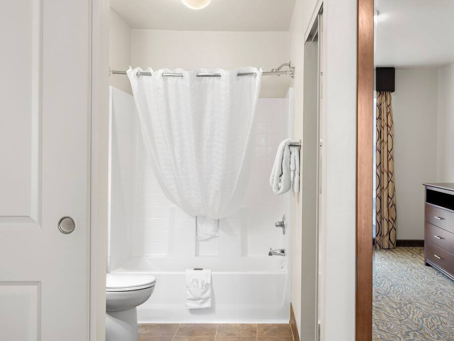 A bathroom with a shower, toilet, and a vanity with a television.