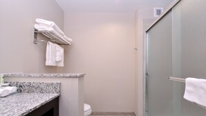 Une petite salle de bain dotée d’un plan de toilette en granit, de toilettes et d’une cabine de douche en verre.