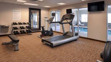 A fitness center with treadmills, dumbbells, and a bench.