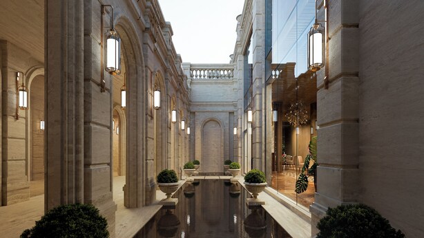 A grand hallway with a reflective pool, flanked by columns and ornate lighting fixtures. - The Siena PRIMO (Seogwipo)