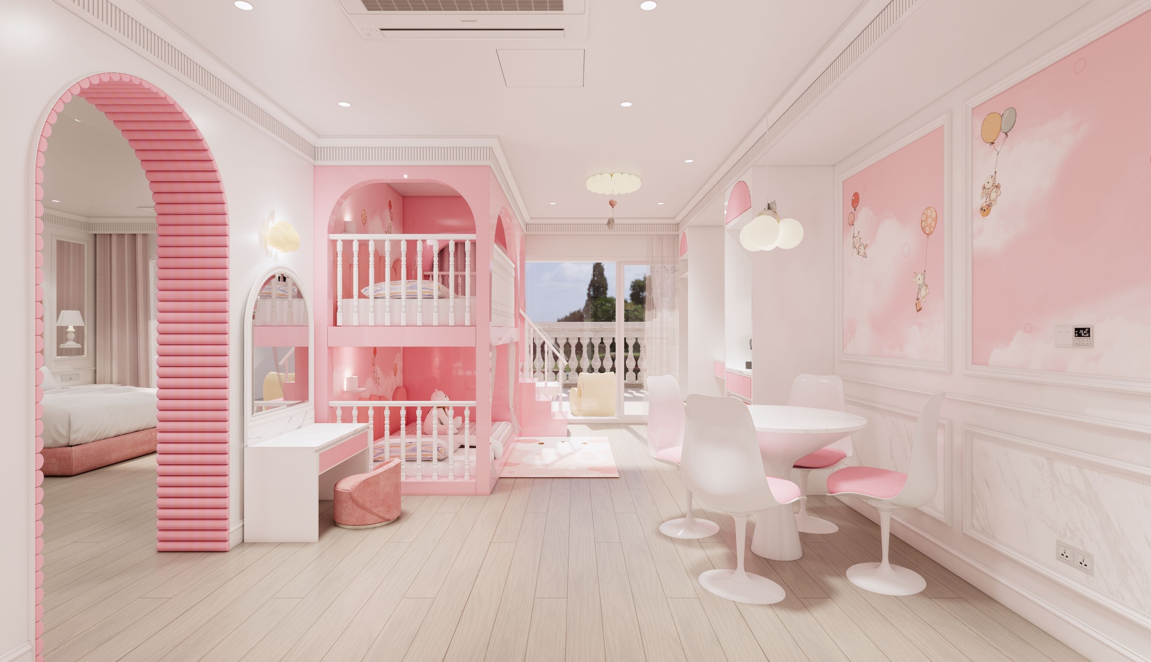 Quarto infantil em tons de rosa, com beliches, espaço de recreação e mesa de jantar com cadeiras.