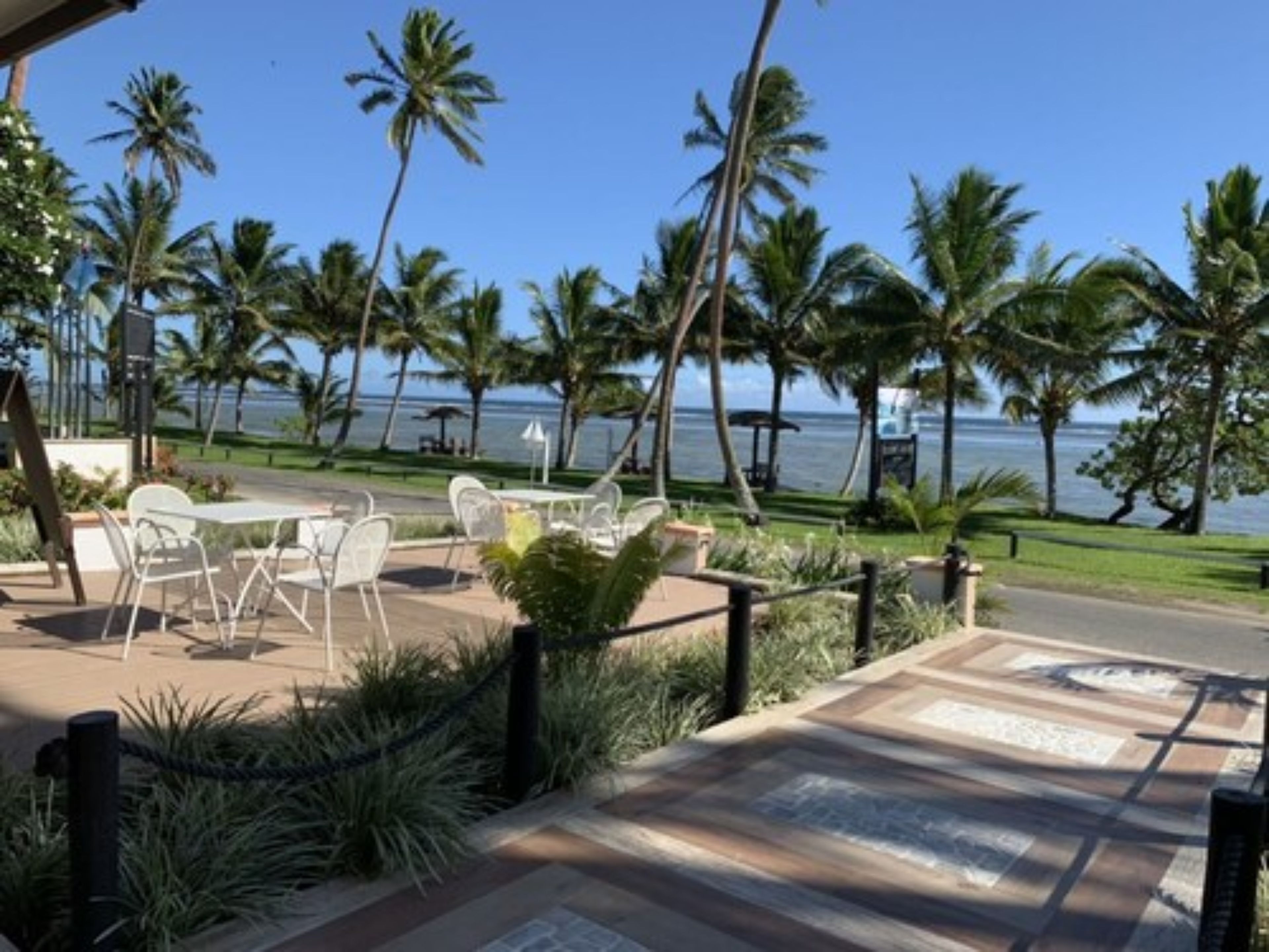 An outdoor seating area with tables and chairs, surrounded by palm trees and a view of the ocean.