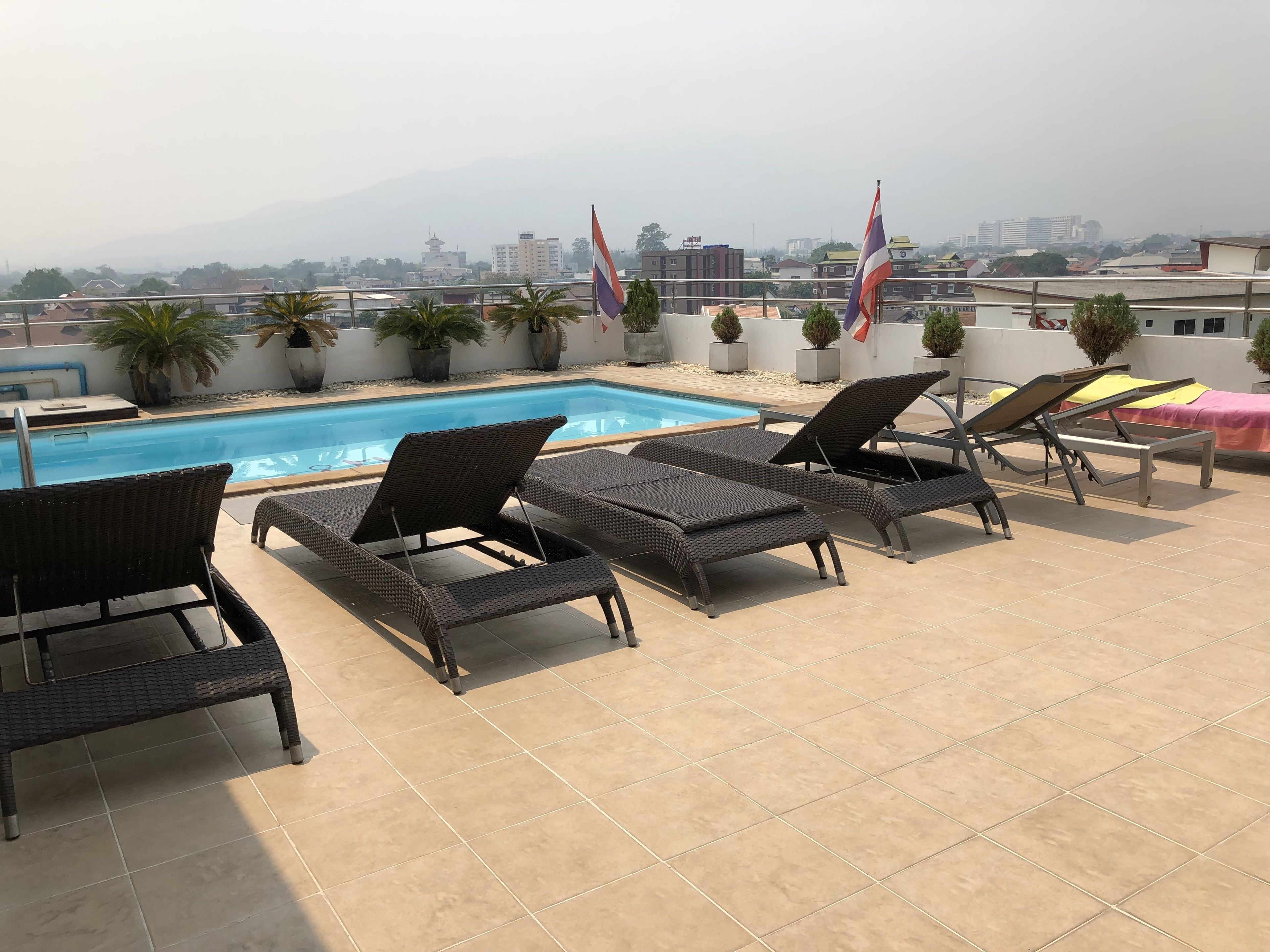 A rooftop pool area with lounge chairs and potted plants.
