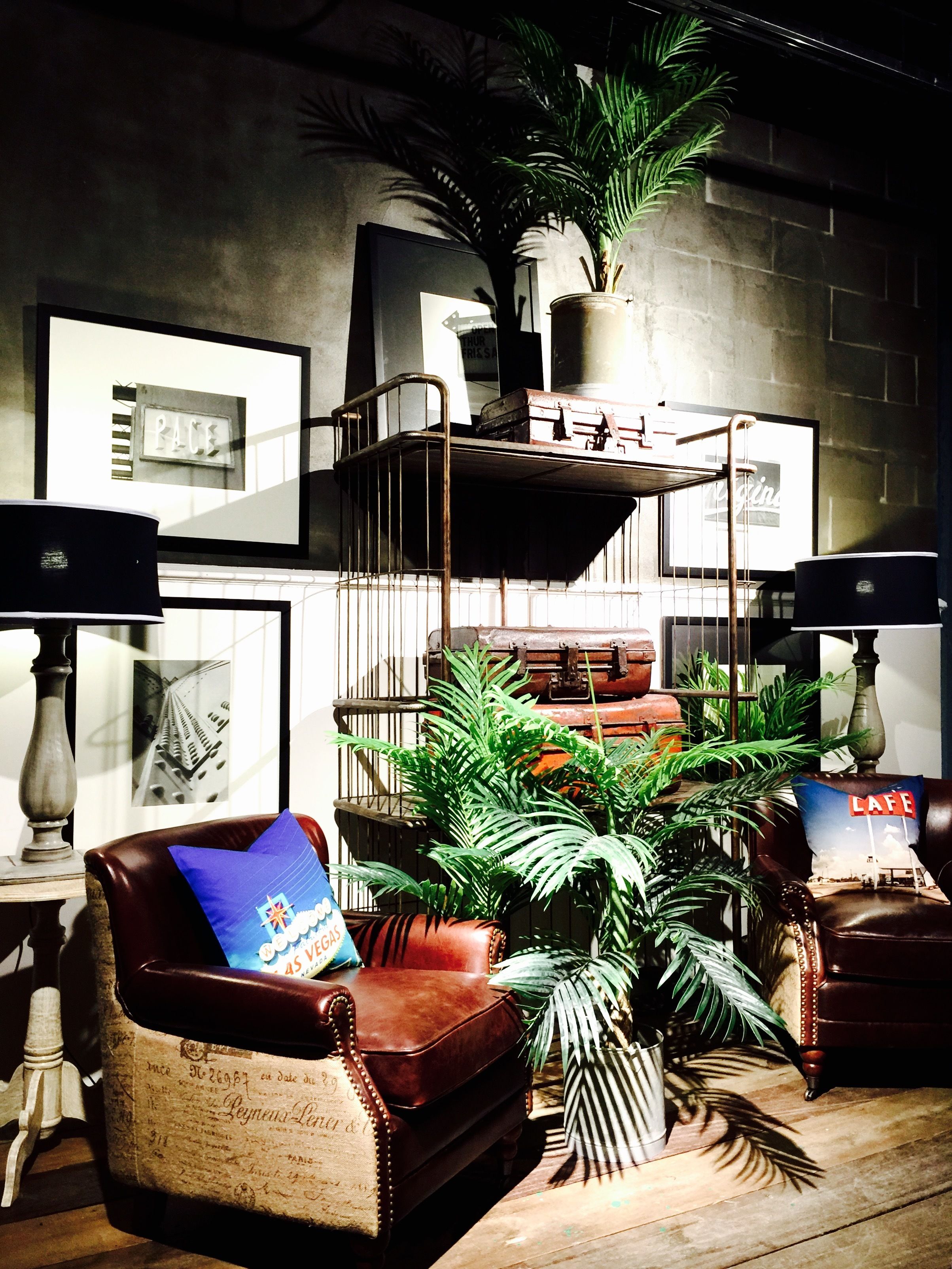 A room with a brown leather sofa, a blue pillow, a vintage suitcase, and a potted plant.