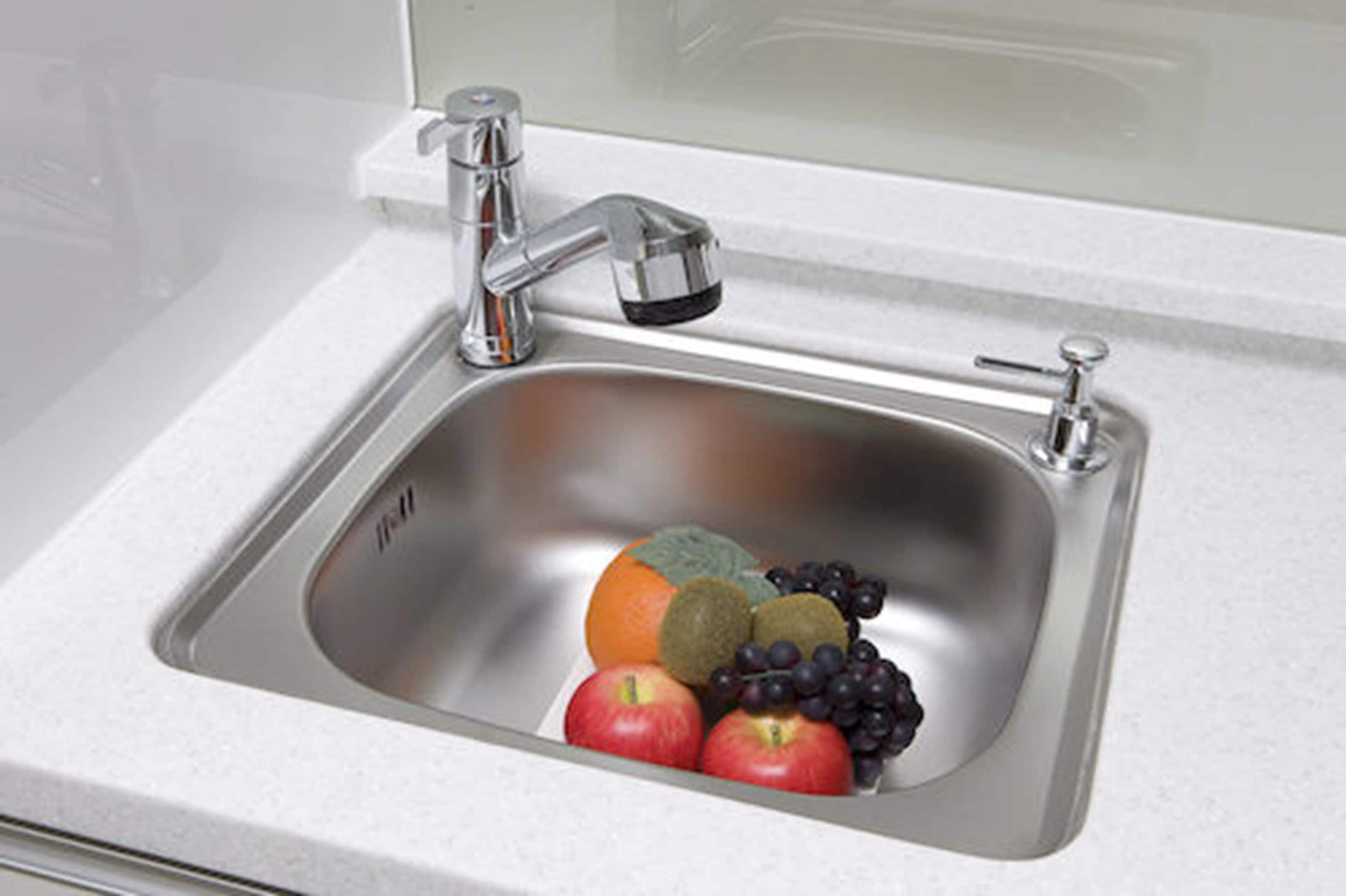Een RVS spoelbak met een moderne kraan, gevuld met fruit zoals appels, druiven en een sinaasappel.