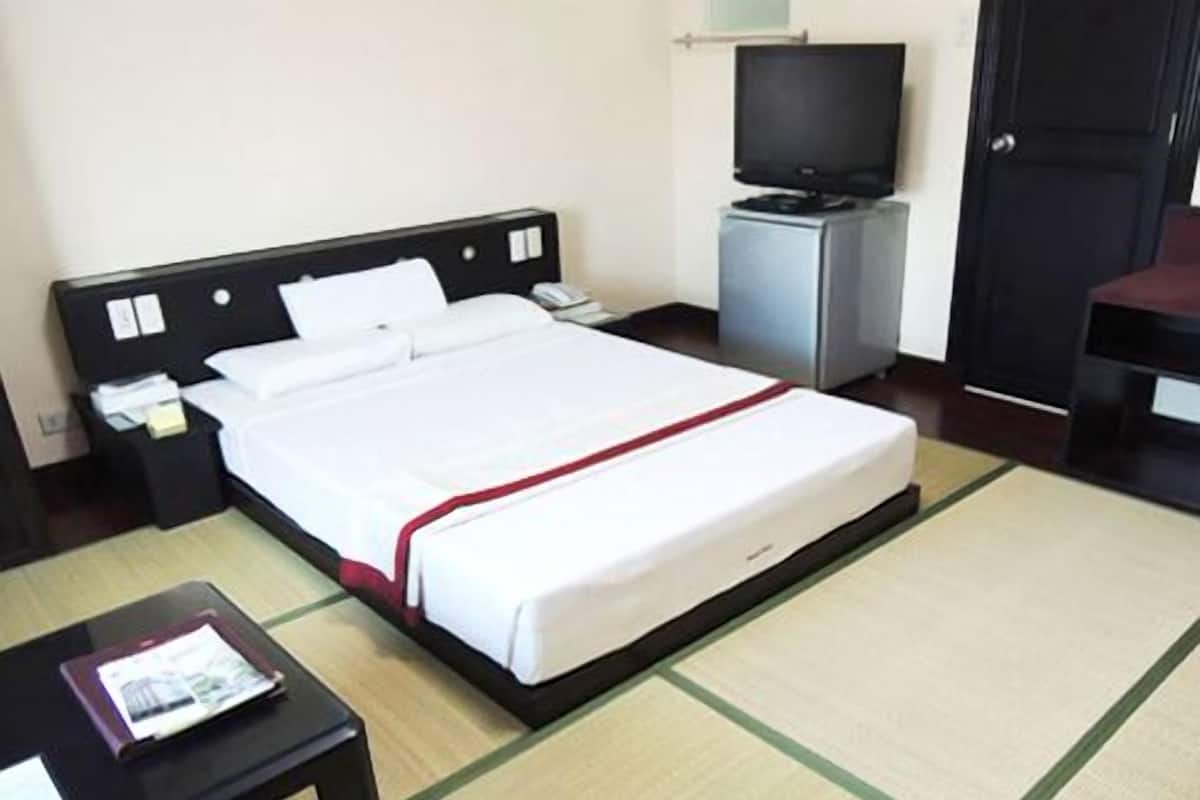 Quarto de hotel com cama, televisão, escrivaninha e cadeira.