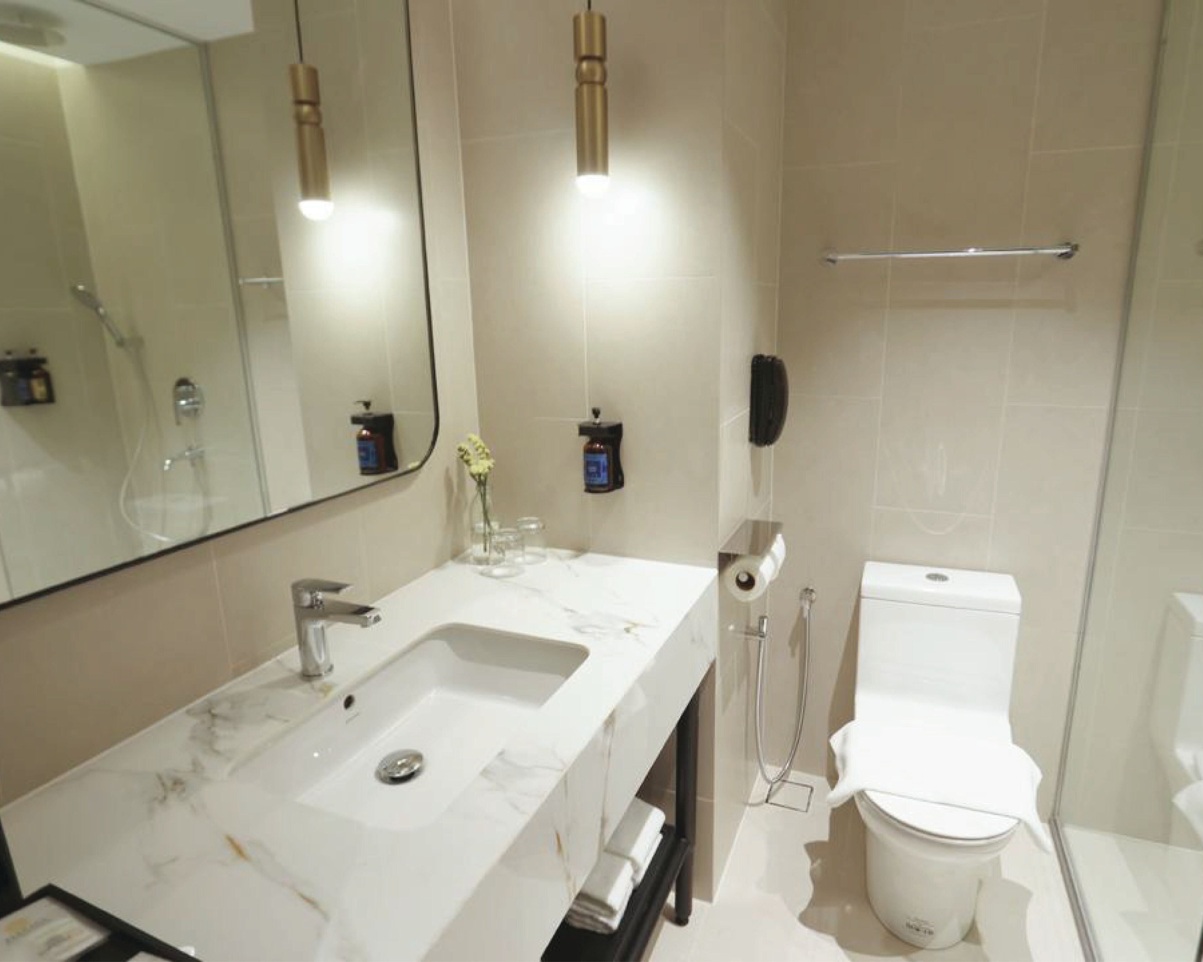 Een haardroger, badjassen, pantoffels, een bidet