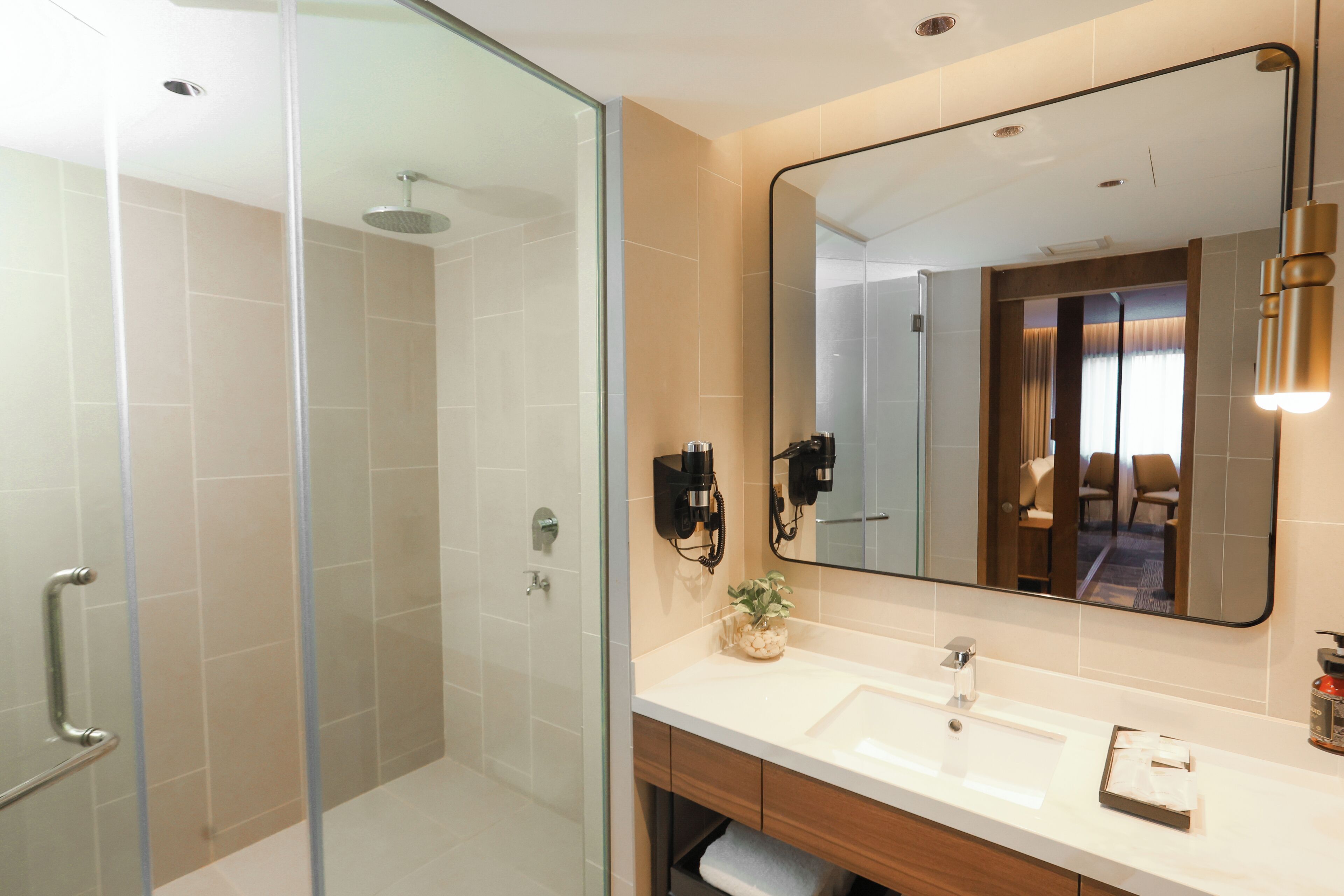 A modern bathroom with a glass shower enclosure, a large mirror, and a dual sink vanity.