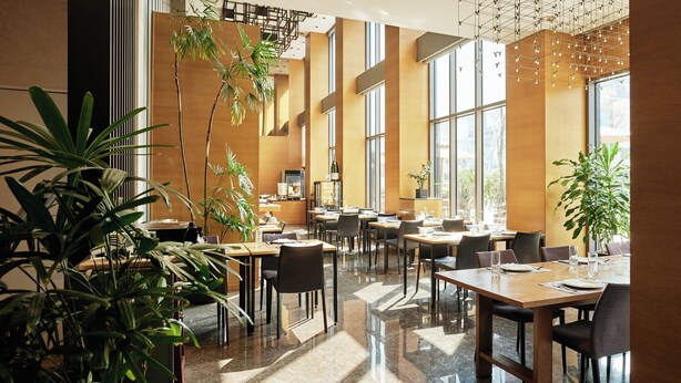A modern dining area with multiple tables and chairs, large windows, and indoor plants. - Mayplace Seoul (Seoul)