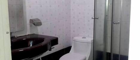 A bathroom with a white toilet, a sink, and a shower enclosure.