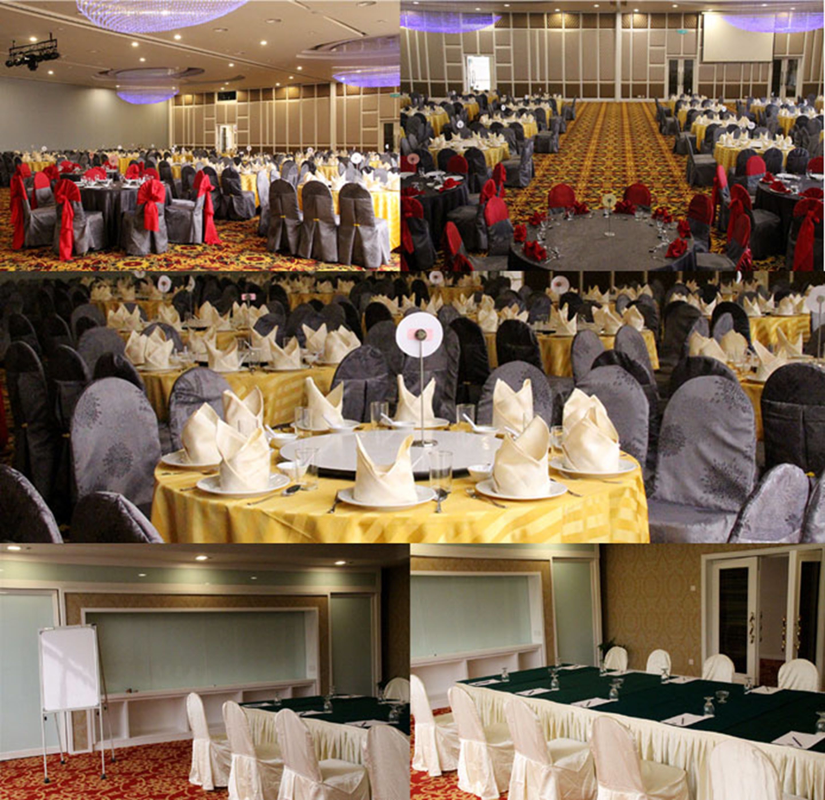A banquet hall with round tables set for a formal event, featuring white tablecloths and napkins.