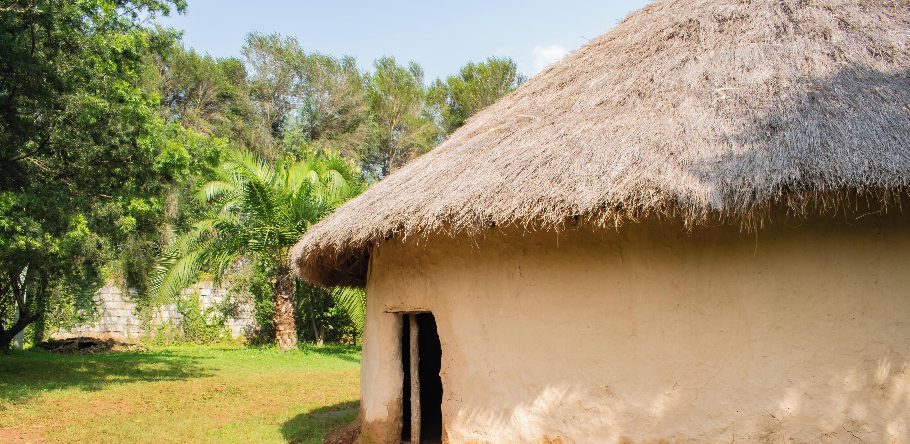 Une hutte traditionnelle à toit de chaume, dotée d’une seule porte, entourée d’une végétation luxuriante et de palmiers.