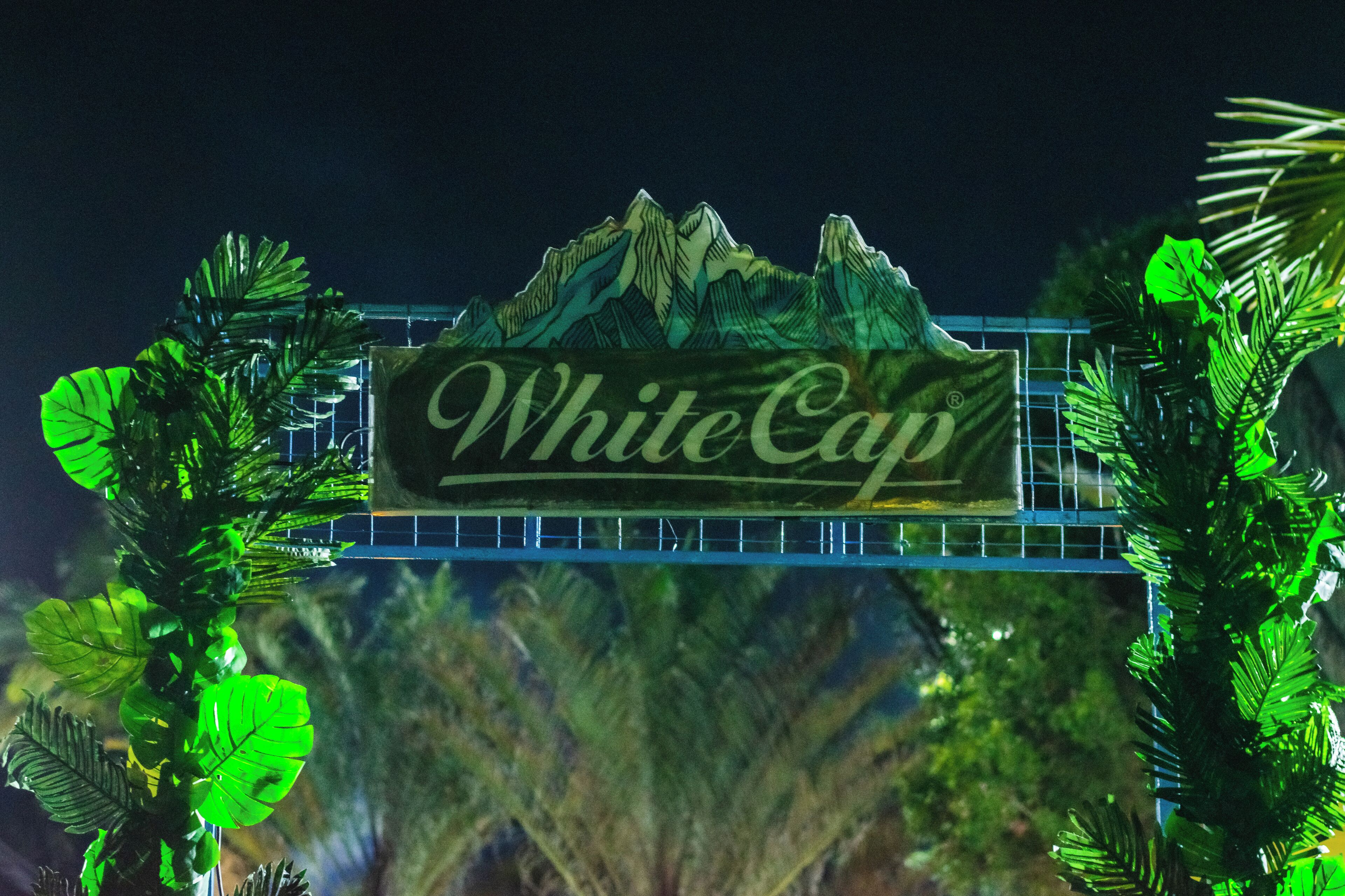 A sign with the text "WhiteCap" and a mountain-like design.